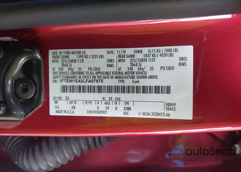 2020 Ford F-150 Lariat из США, поврежденный, VIN 1FTEW1E42LFA07975